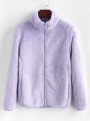 High Neck Zip Up Fluffy Coat