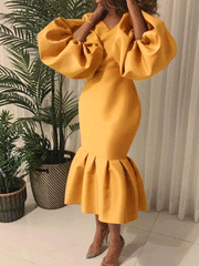 Lantern Sleeve Midi Fishtail Dress