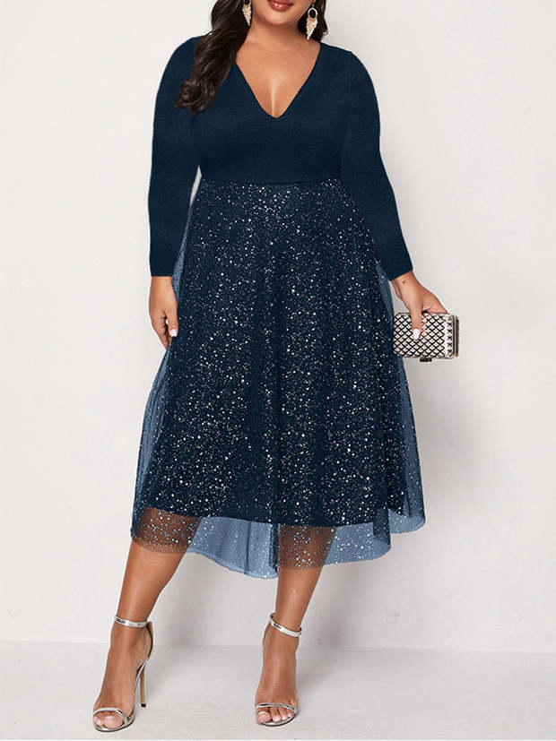 Long Sleeve Double V Neck Contrast Mesh Midi Dress