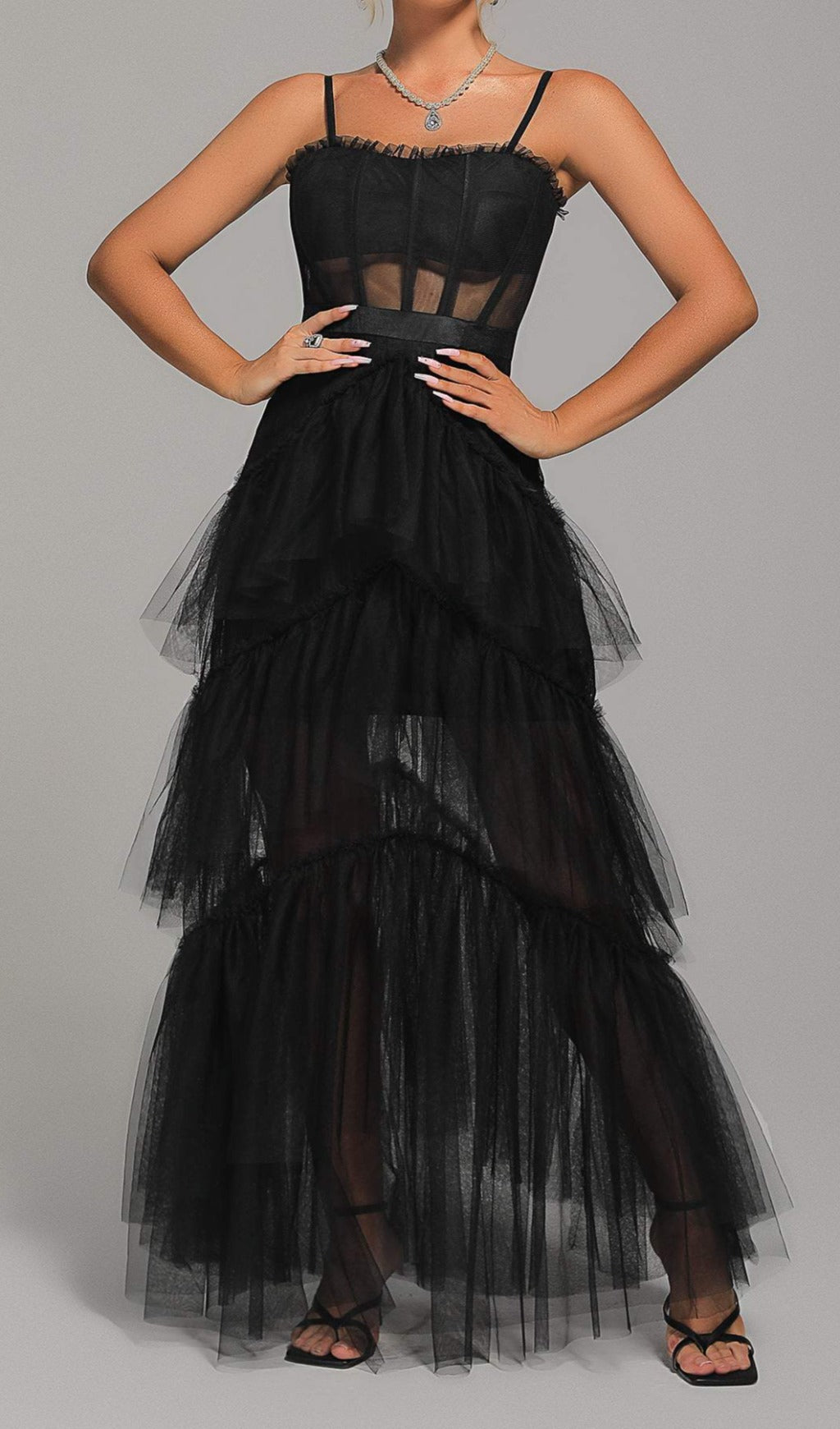 MESH MAXI DRESS IN BLACK