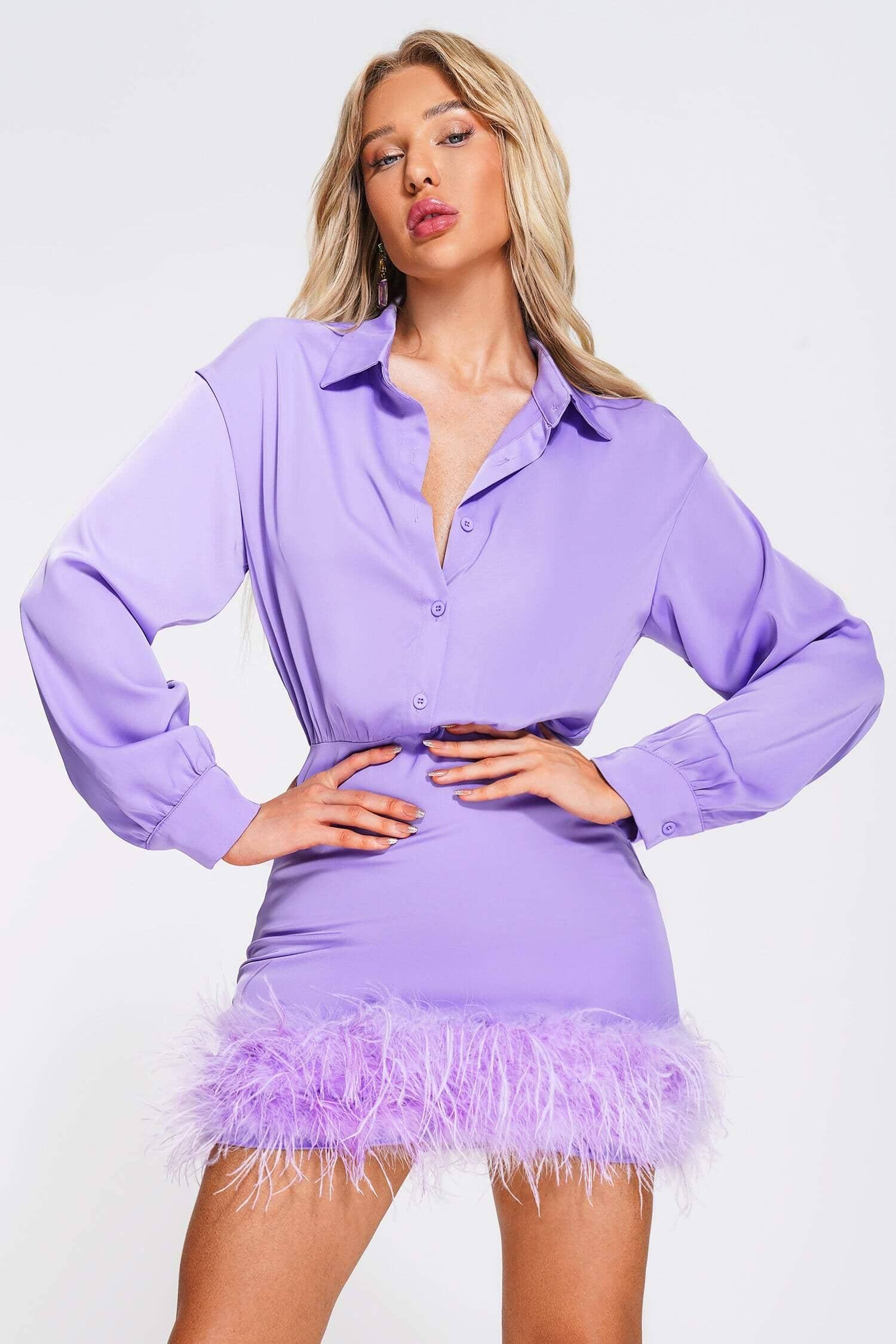 FEATHER LONG SLEEVE SHIRT DRESS