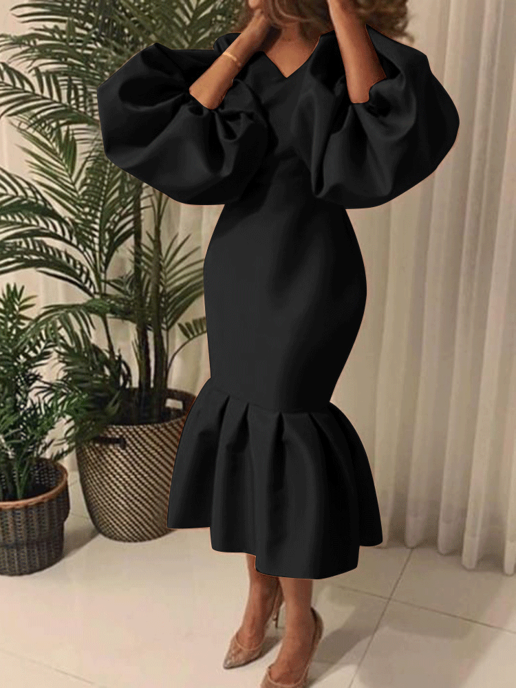 Lantern Sleeve Midi Fishtail Dress