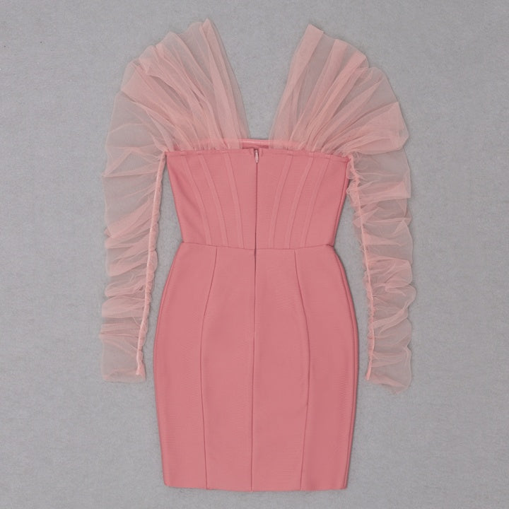 OFF SHOULDER MESH MINI DRESS IN PINK