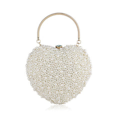 Lavish Faux Pearl Crystal Embellished Heart Shaped Handle Bag - Beige