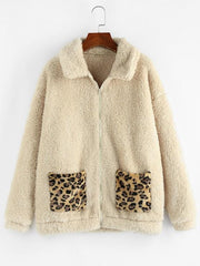 Leopard Pocket Zip Faux Fur Teddy Coat