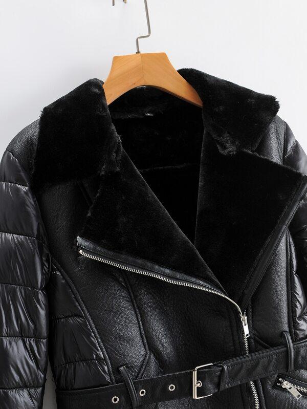 Lined Padded Belted PU Coat