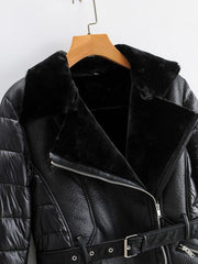 Lined Padded Belted PU Coat