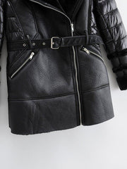 Lined Padded Belted PU Coat