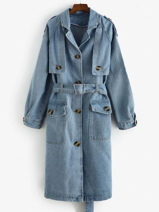 Longline Belted Pockets Denim Trench Coat