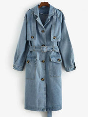 Longline Belted Pockets Denim Trench Coat