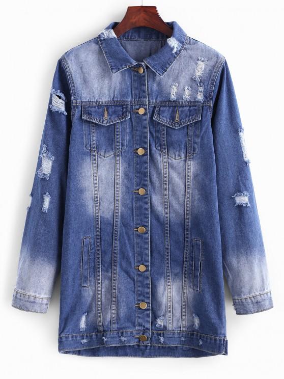 Longline Button Up Distressed Denim Coat