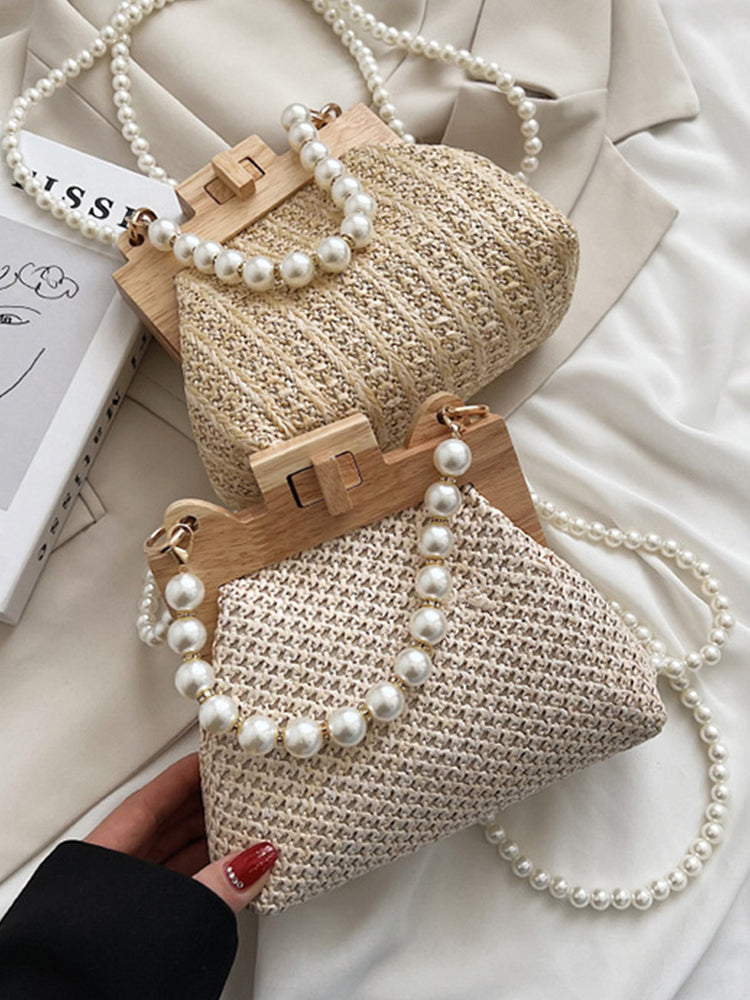 Pearl Decor Twist Lock Straw Bag