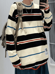 Men's Color Block Striped Distressed Sweater
