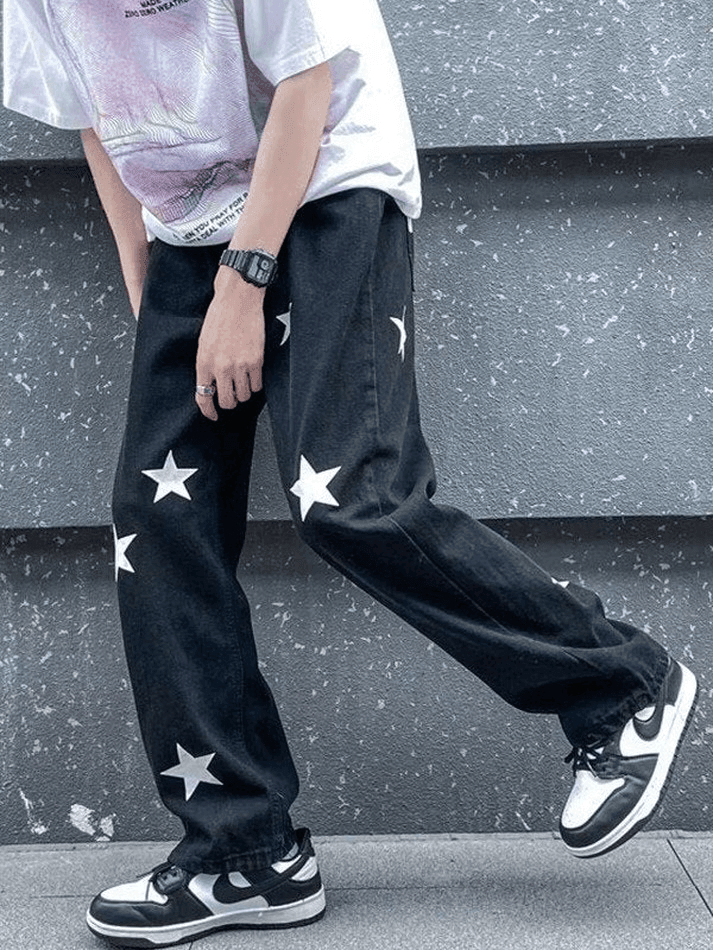 Men's Washed Star Graphic Loose Jeans