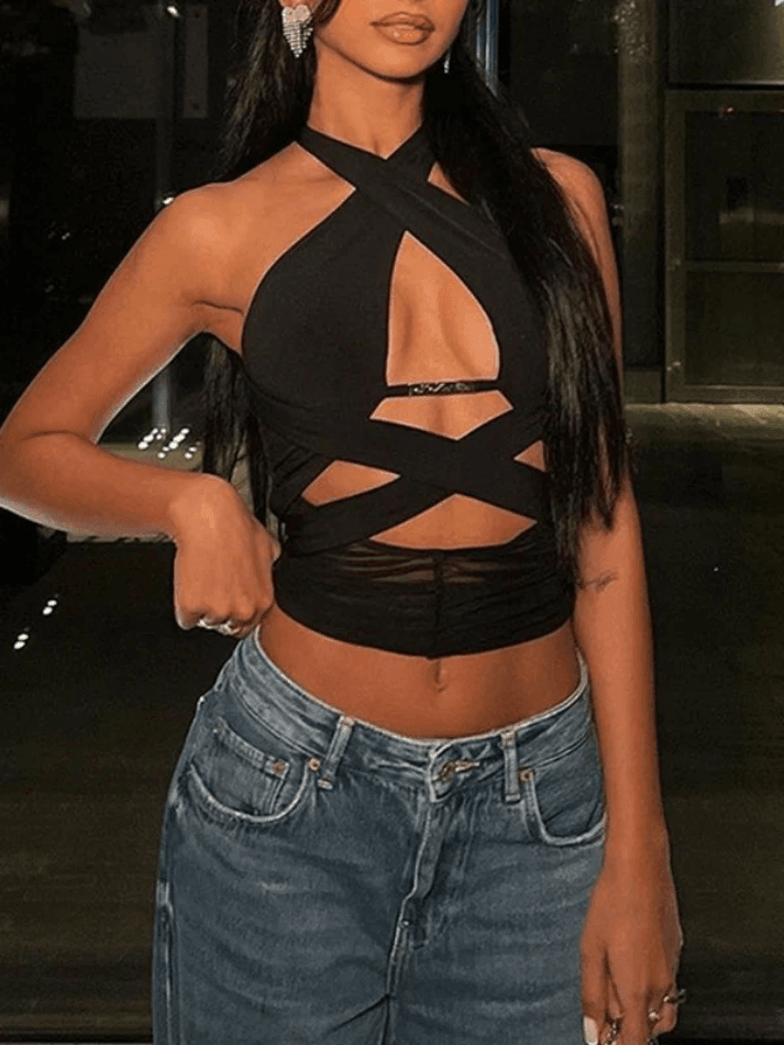 Mesh Paneled Criss Cross Halter Cropped Tank Top