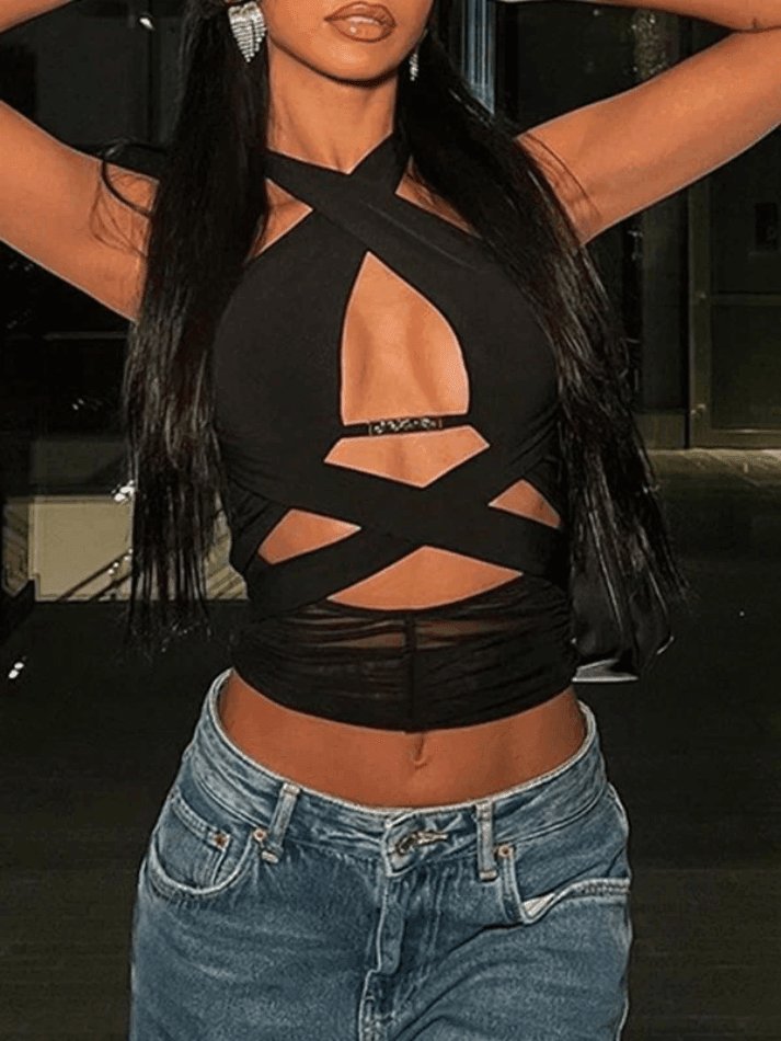 Mesh Paneled Criss Cross Halter Cropped Tank Top