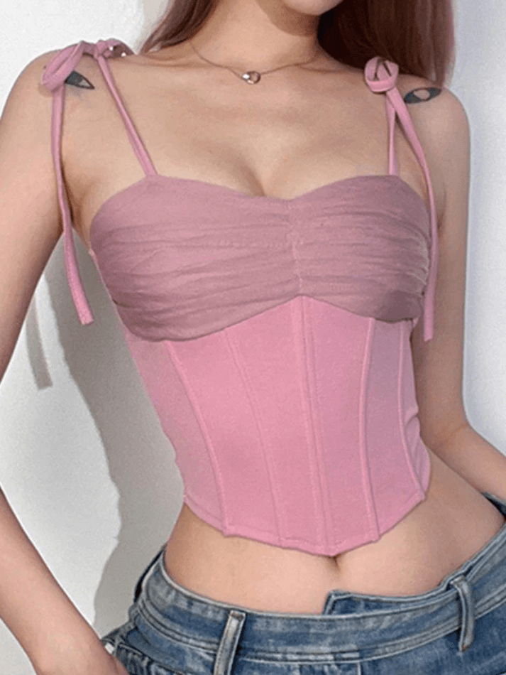 Mesh Paneled Tie Strap Corset Top