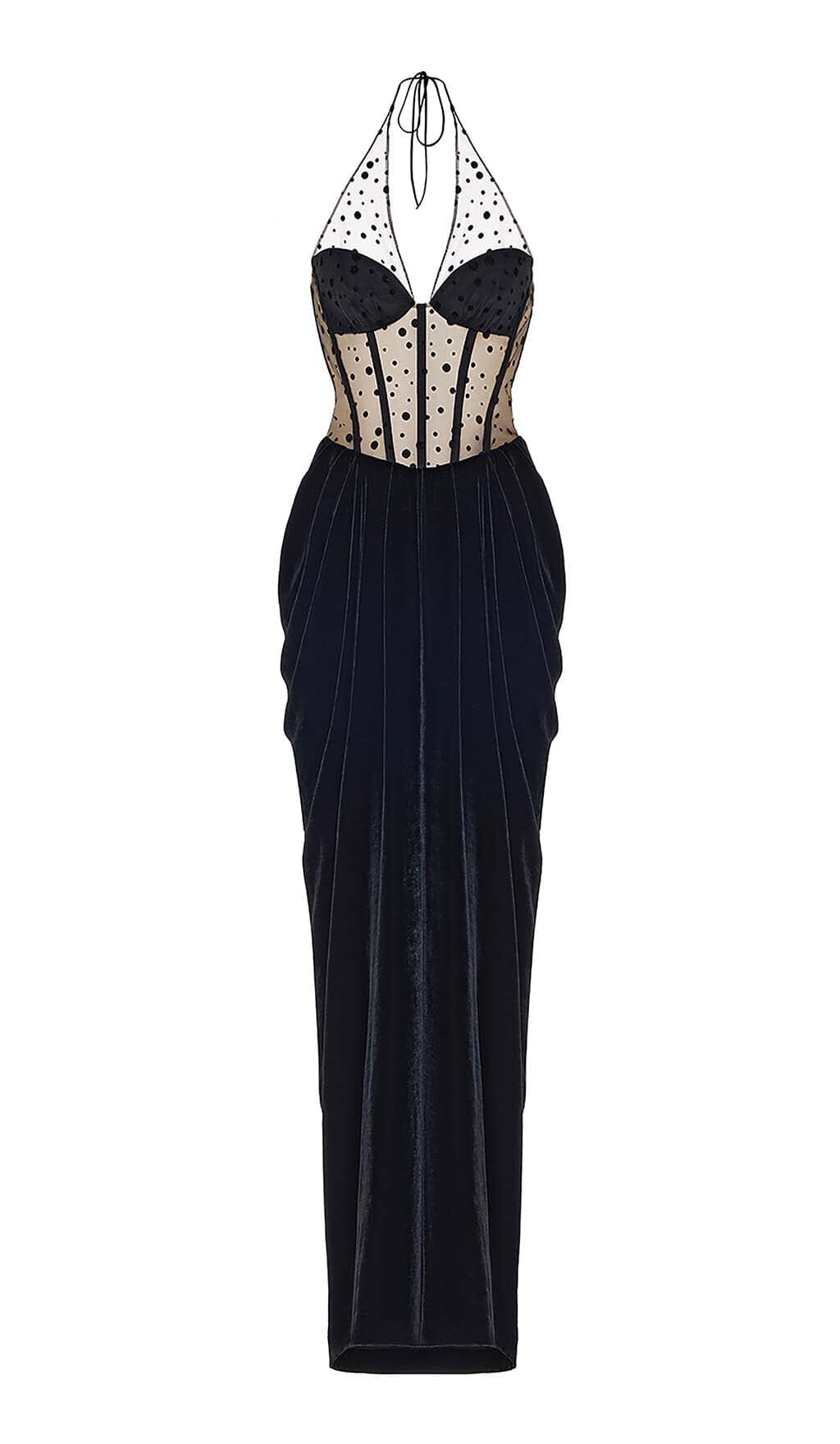 MESH VELVET MAXI DRESS IN BLACK