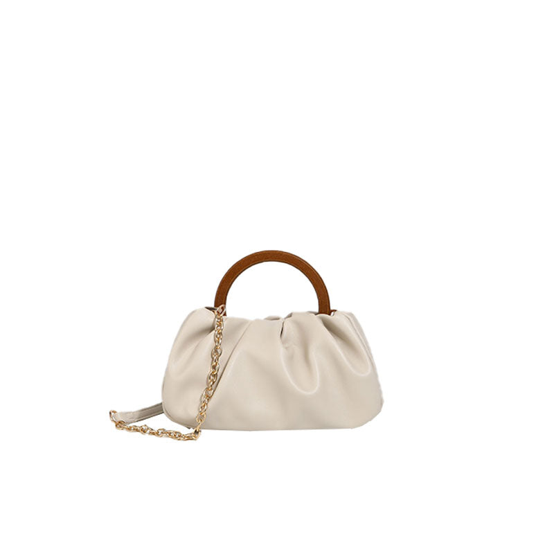 Loop Top Scrunch Trim Leather Tote Bag - Beige