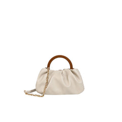 Loop Top Scrunch Trim Leather Tote Bag - Beige