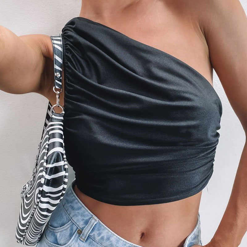 One Shoulder Cropped Tank Top - Black