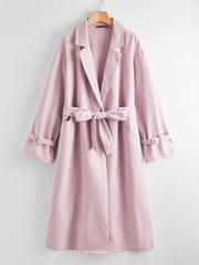 Notch Collar Buckle Strap Sleeve Self Belted Coat