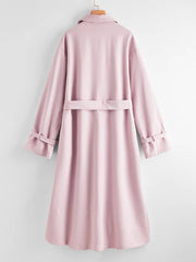 Notch Collar Buckle Strap Sleeve Self Belted Coat