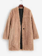 One Button Pocket Longline Teddy Coat
