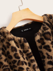 Open Front Leopard Print Fuzzy Coat