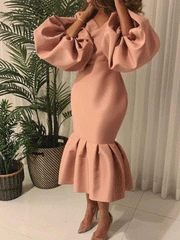 Lantern Sleeve Midi Fishtail Dress