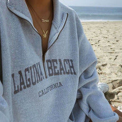 Letter Embroidery Drop Shoulder Half Zip Collared Sweatshirt - Gray