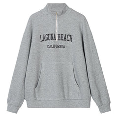 Letter Embroidery Drop Shoulder Half Zip Collared Sweatshirt - Gray