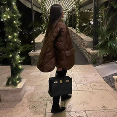 Long Sleeve Button Down Flap Pocket Quilted Jacket - Chocolate