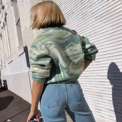 Wave Print Ribbed Long Sleeve Pullover Sweater - Green