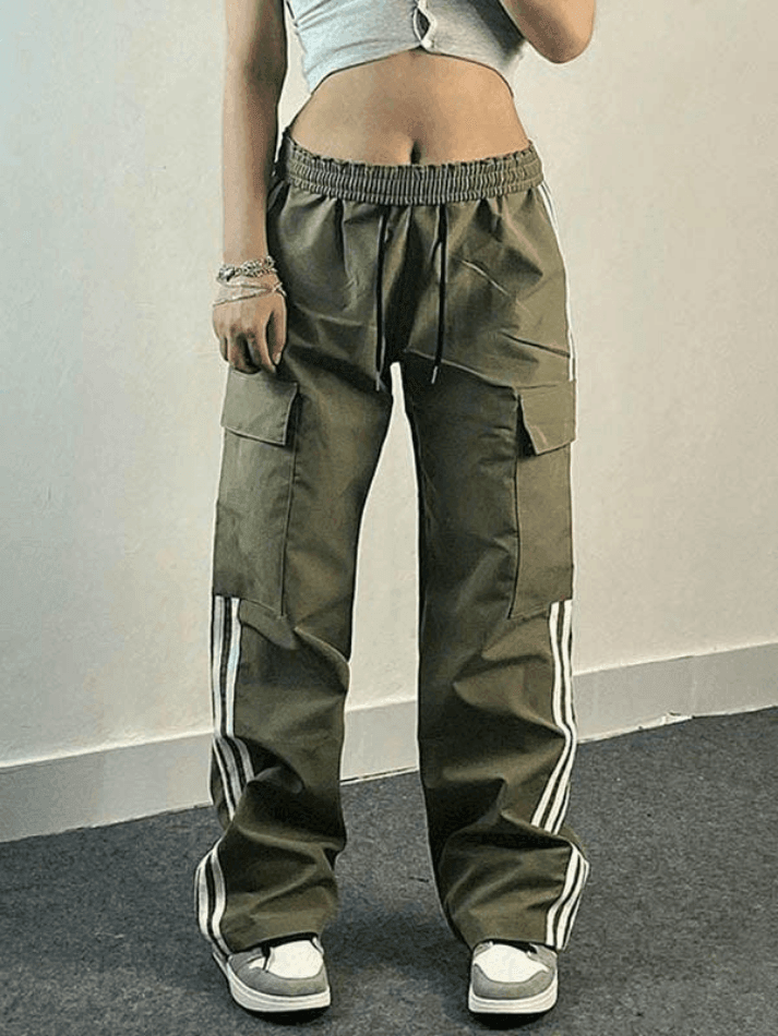 Paneled Striped Baggy Cargo Pants