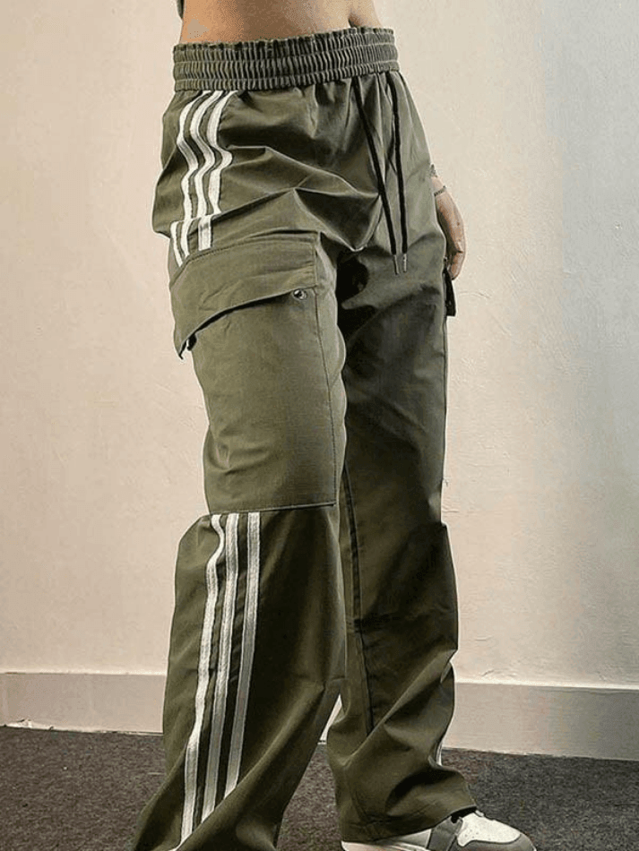 Paneled Striped Baggy Cargo Pants