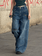 Patchwork Blue Wash Baggy Cargo Jeans