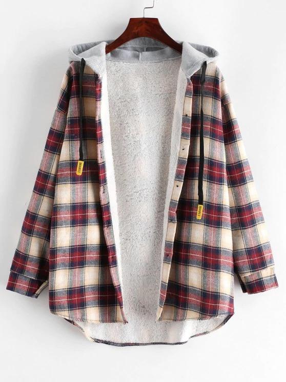 Plaid Buttoned Curved Hem Hooded Coat
