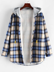Plaid Buttoned Curved Hem Hooded Coat