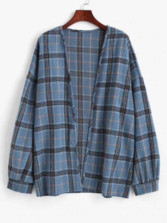 Plaid Drop Shoulder Open Front Coat
