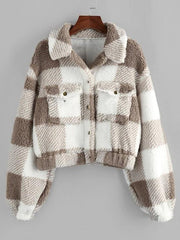 Plaid Drop Shoulder Pocket Teddy Coat
