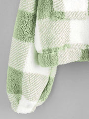 Plaid Drop Shoulder Pocket Teddy Coat