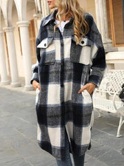 Plaid Pocket Drop Shoulder Slit Long Coat
