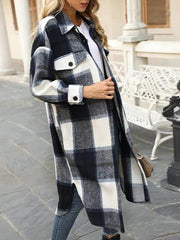 Plaid Pocket Drop Shoulder Slit Long Coat