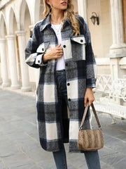 Plaid Pocket Drop Shoulder Slit Long Coat