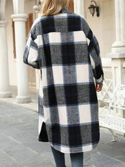 Plaid Pocket Drop Shoulder Slit Long Coat