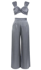 PLUNGE SATIN TWO-PIECE SUIT IN GRAY