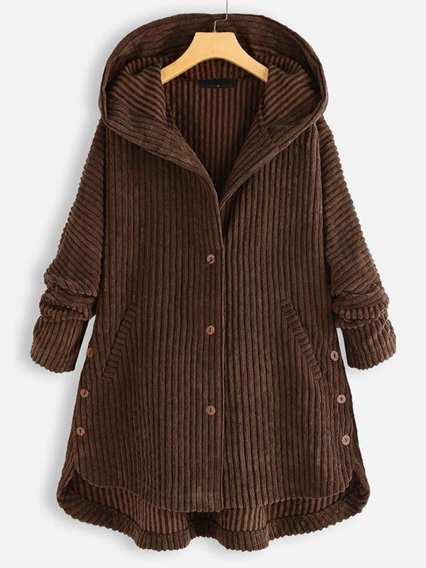 Plus Corduroy High Low Hooded Coat