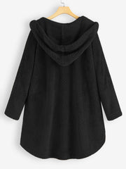 Plus Flannel Single Breasted High Low Hem Hooded Coat