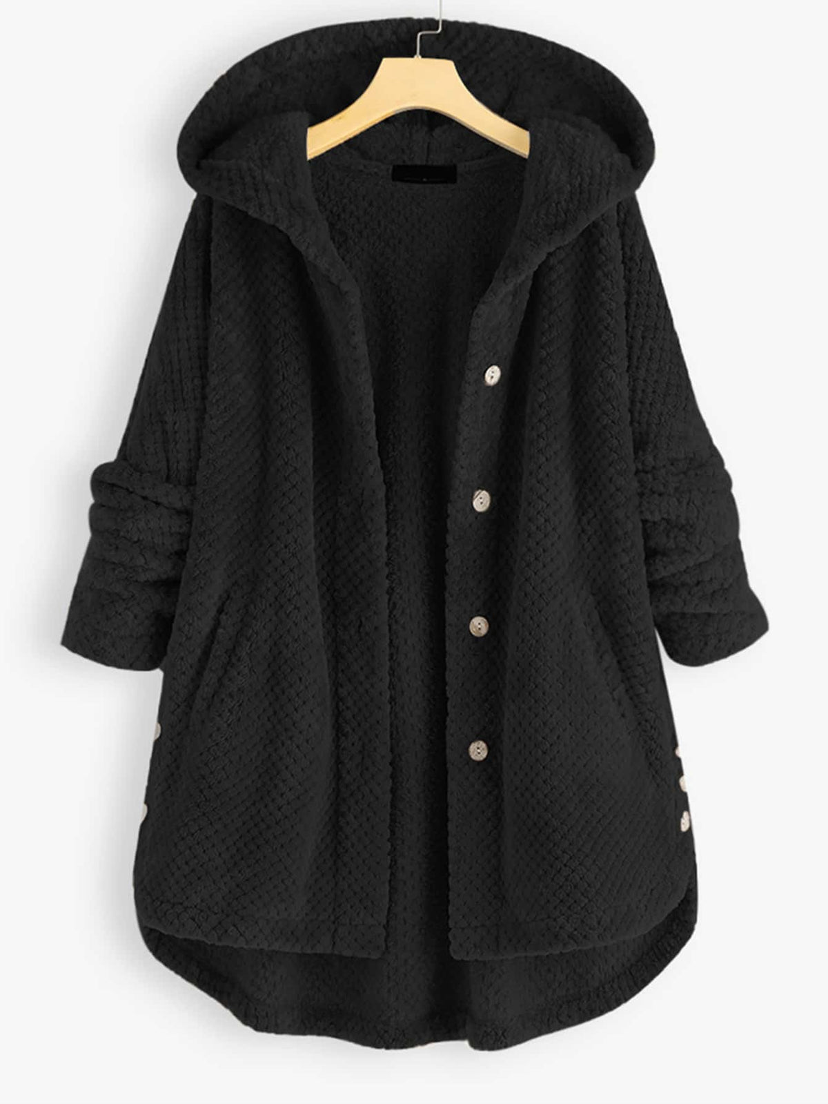 Plus Flannel Single Breasted High Low Hem Hooded Coat